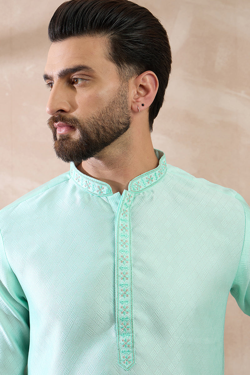 Teal Polyester Woven Design Mandarin Collar Straight Kurta With Trouser MKSET2016