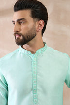 Teal Polyester Woven Design Mandarin Collar Straight Kurta With Trouser MKSET2016