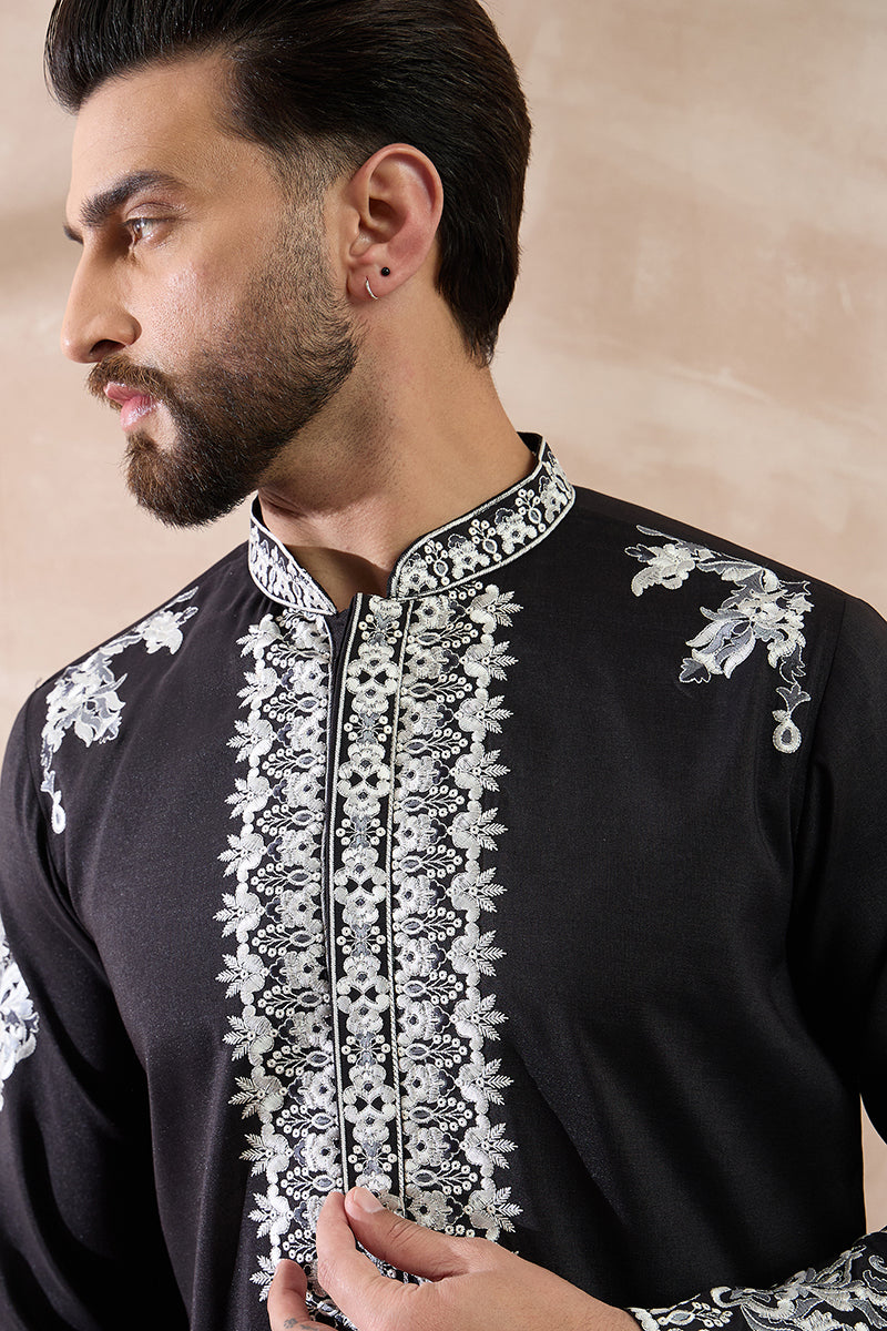 Black Silk Blend Embroidered Mandarin Collar Straight Kurta With Trouser MKSET2019