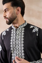 Black Silk Blend Embroidered Mandarin Collar Straight Kurta With Trouser MKSET2019