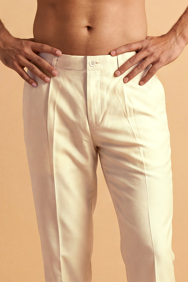 Cream Modal Relaxed Straight Fit Regular Trousers MBOT1012
