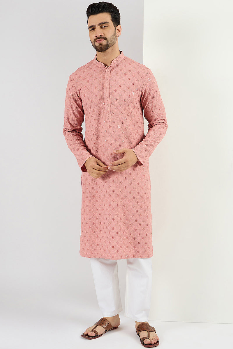 Pink Viscose Rayon Solid Embroidered Long Straight Kurta For Men MKU1060