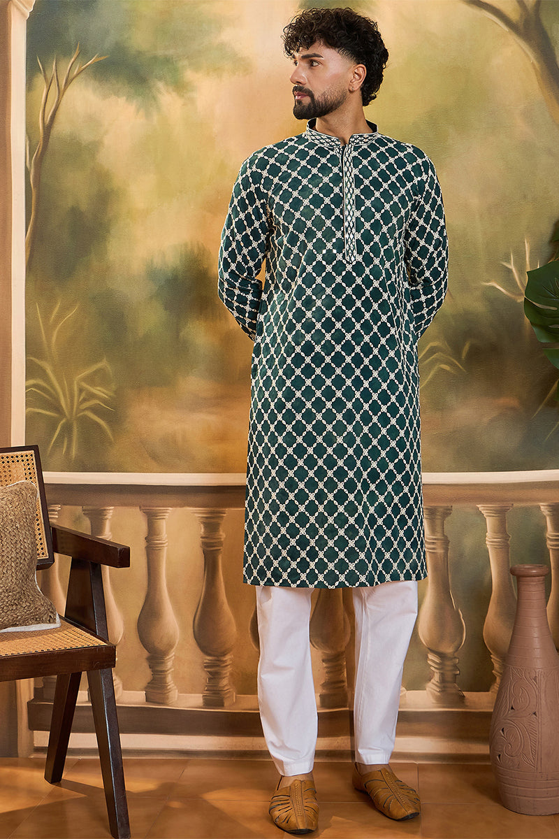 Teal Silk Blend Embroidered Shibori Straight Kurta With Trousers MKSET1416