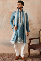 Blue Silk Blend Woven Design Floral Straight Kurta with Dupatta MKUD1039