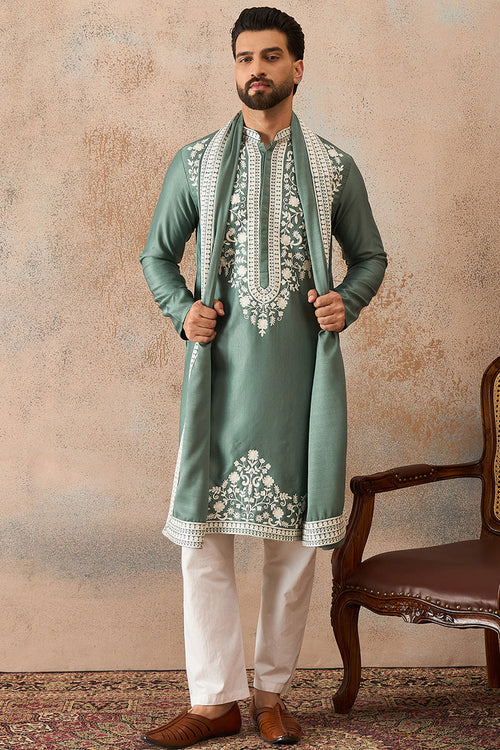 Green Silk Blend Solid Embroidered Kurta Trouser With Dupatta MKPD1040