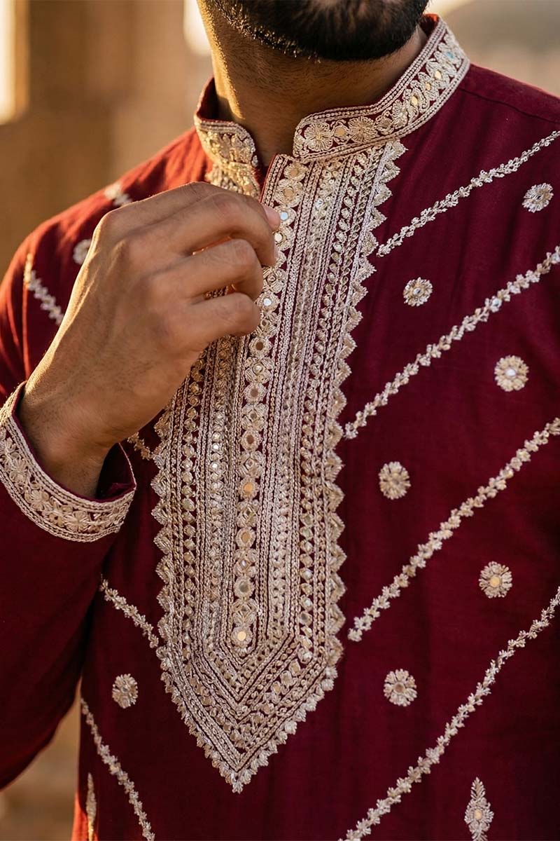 Maroon Silk Blend Embroidered Straight Kurta With Trousers MKSET2048