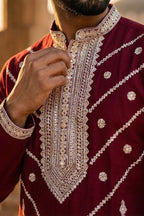 Maroon Silk Blend Embroidered Straight Kurta With Trousers MKSET2048