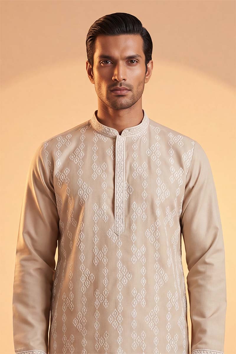 Beige Silk Blend Solid Embroidered Kurta MKU2089