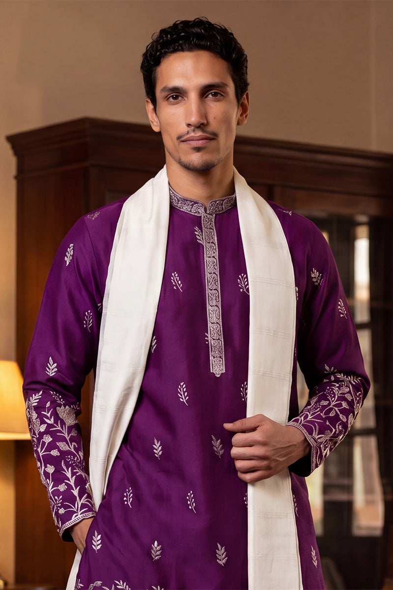 Purple Silk Blend Solid Embroidered Straight Kurta Trouser with Dupatta MKPD1944
