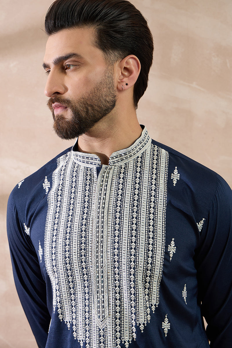 Navy Blue Silk Blend Embroidered Indian Wear for Men MKU1795 | DesiQlo