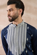 Navy Blue Silk Blend Embroidered Mandarin Collar Straight Kurta MKU1795