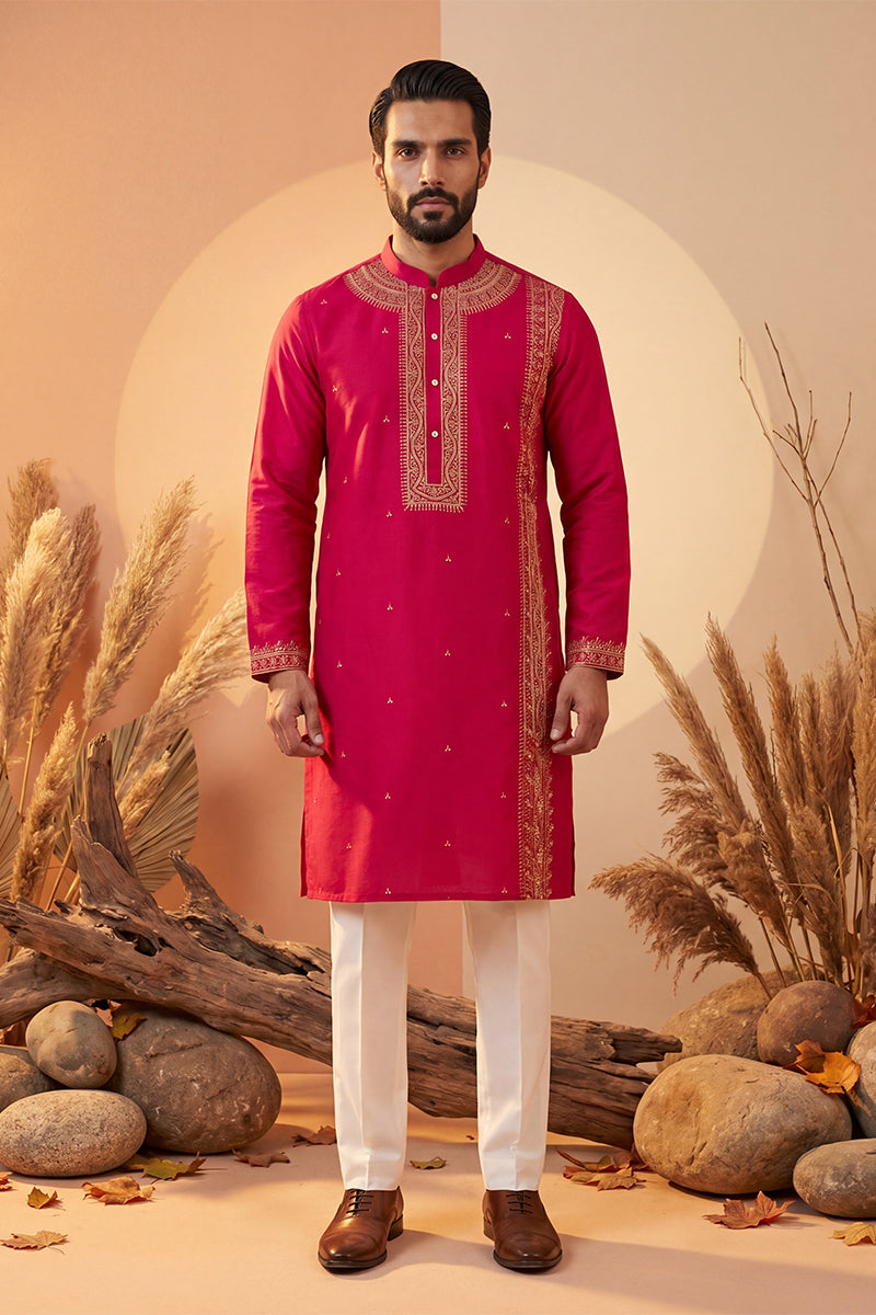 Pink Silk Blend Solid Emboidered Straight Kurta MKU2315