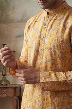 Mustard Silk Blend Printed Straight Kurta With Trousers MKSET1976