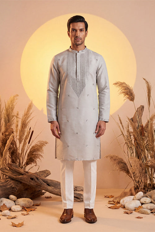 Grey Silk Blend Solid Emboidered Sequins Kurta With Trouser MKSET2280