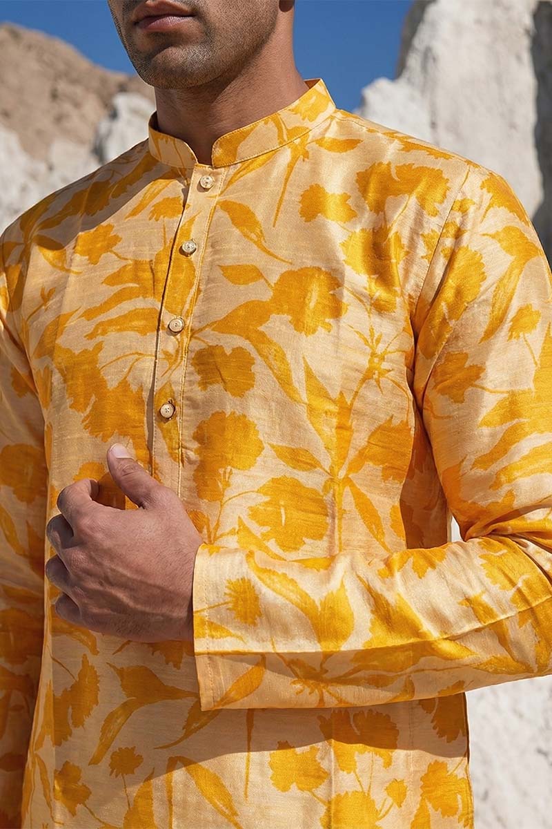 Yellow Silk Blend Printed Straight Kurta With Trousers MKSET2167