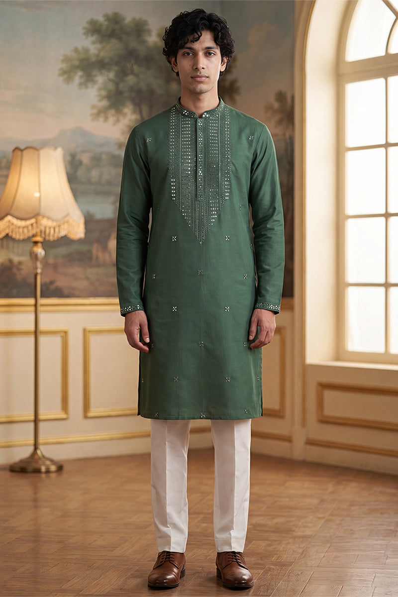 Green Silk Blend Solid Emboidered Sequins Kurta With Trouser MKSET2279