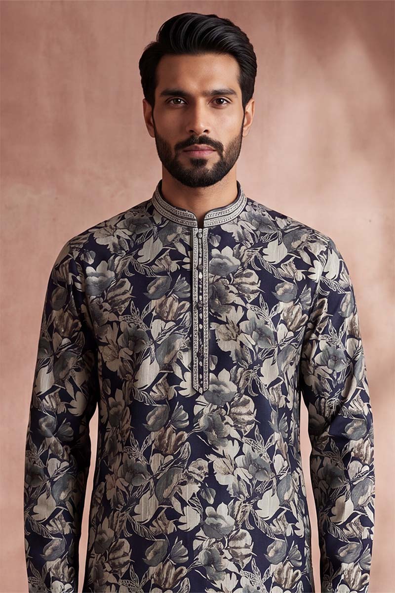 Blue Viscose Rayon Floral Printed Kurta With Trousers MKSET1982