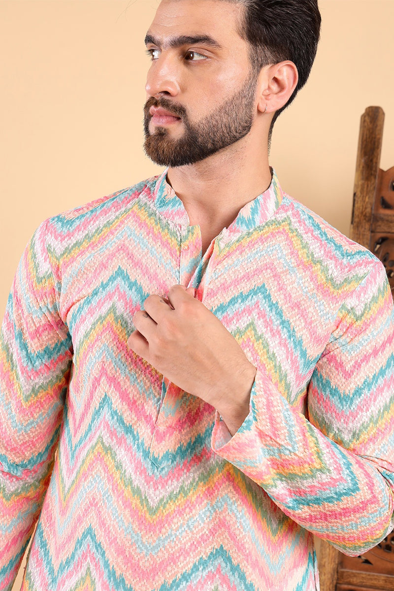 Teal Viscose Rayon Chevron Printed Straight Kurta with Trousers MKSET1008TIL