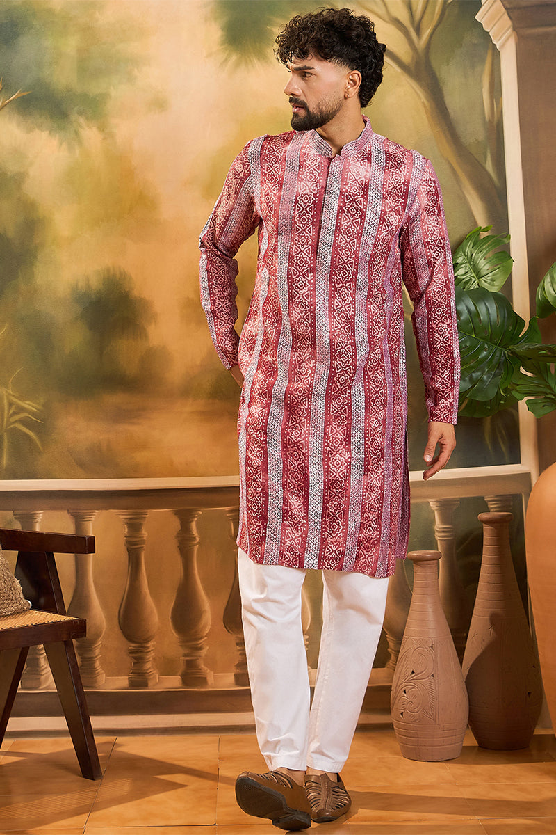 Red Viscose Rayon Batik Printed Straight Kurta MKU1482
