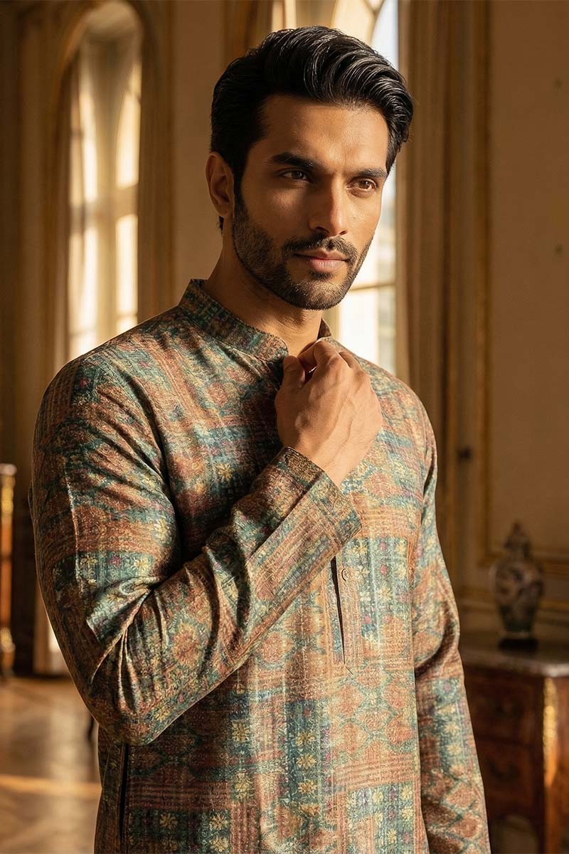 Blue Silk Blend Printed Straight Kurta MKU1934