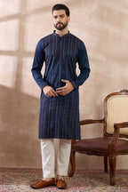 Navy Blue Silk Blend Embroidered Mandarin Collar Straight Kurta MKU2040