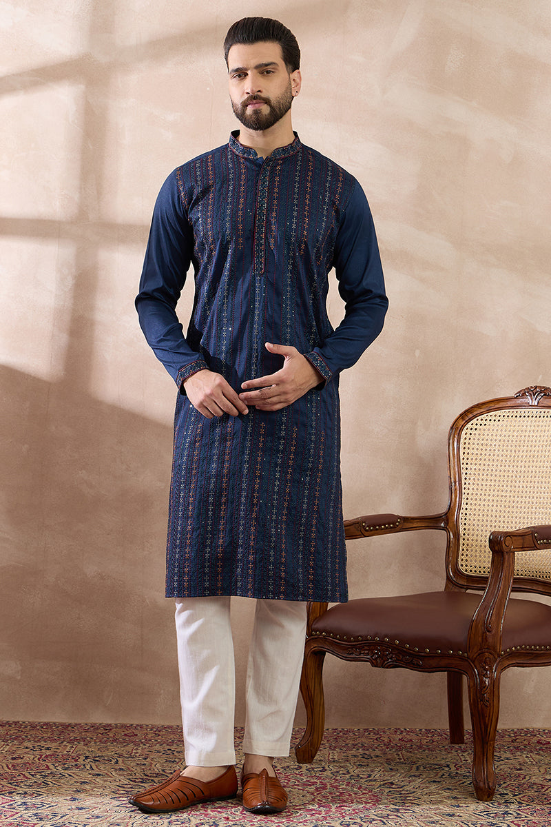 Navy Blue Silk Blend Embroidered Mandarin Collar Straight Kurta MKU2040