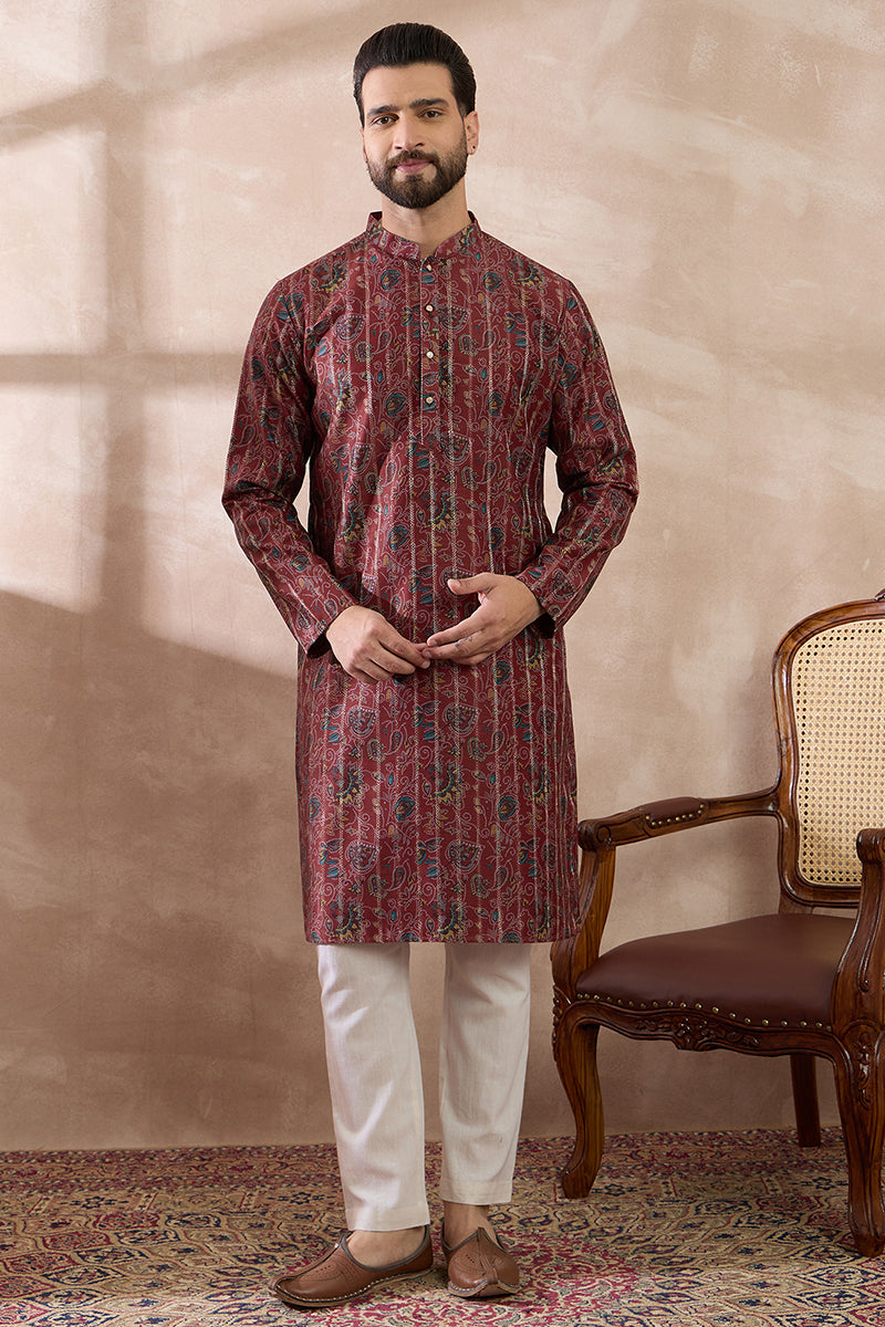 Maroon Silk Blend Printed Mandarin Collar Straight Kurta With Trouser MKSET2025