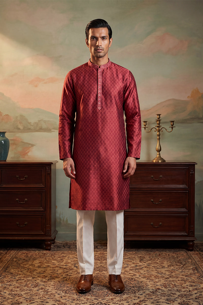 Maroon Jacquard Woven Design Straight Kurta With Trouser MKSET2342