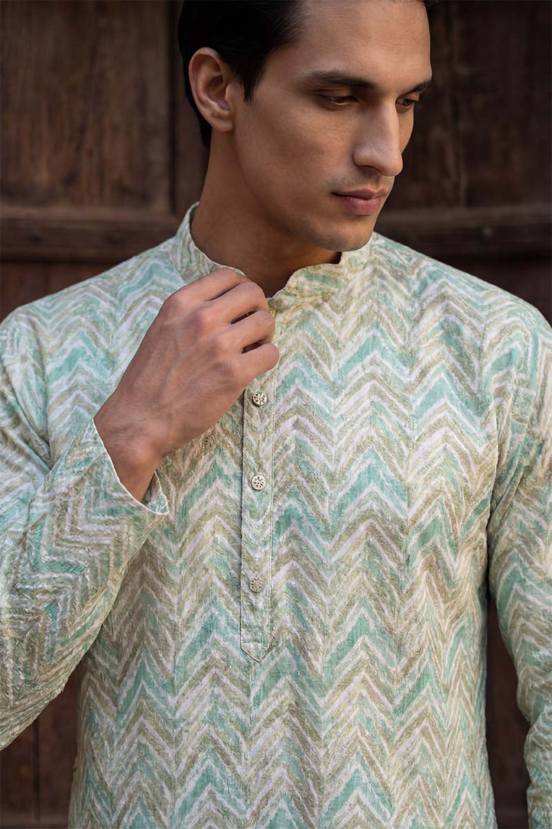 Green Cotton Blend Chevron Embroidered Kurta With Trouser MKSET2068