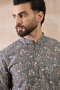 Grey Silk Blend Printed Mandarin Collar Straight Kurta With Trouser MKSET1931