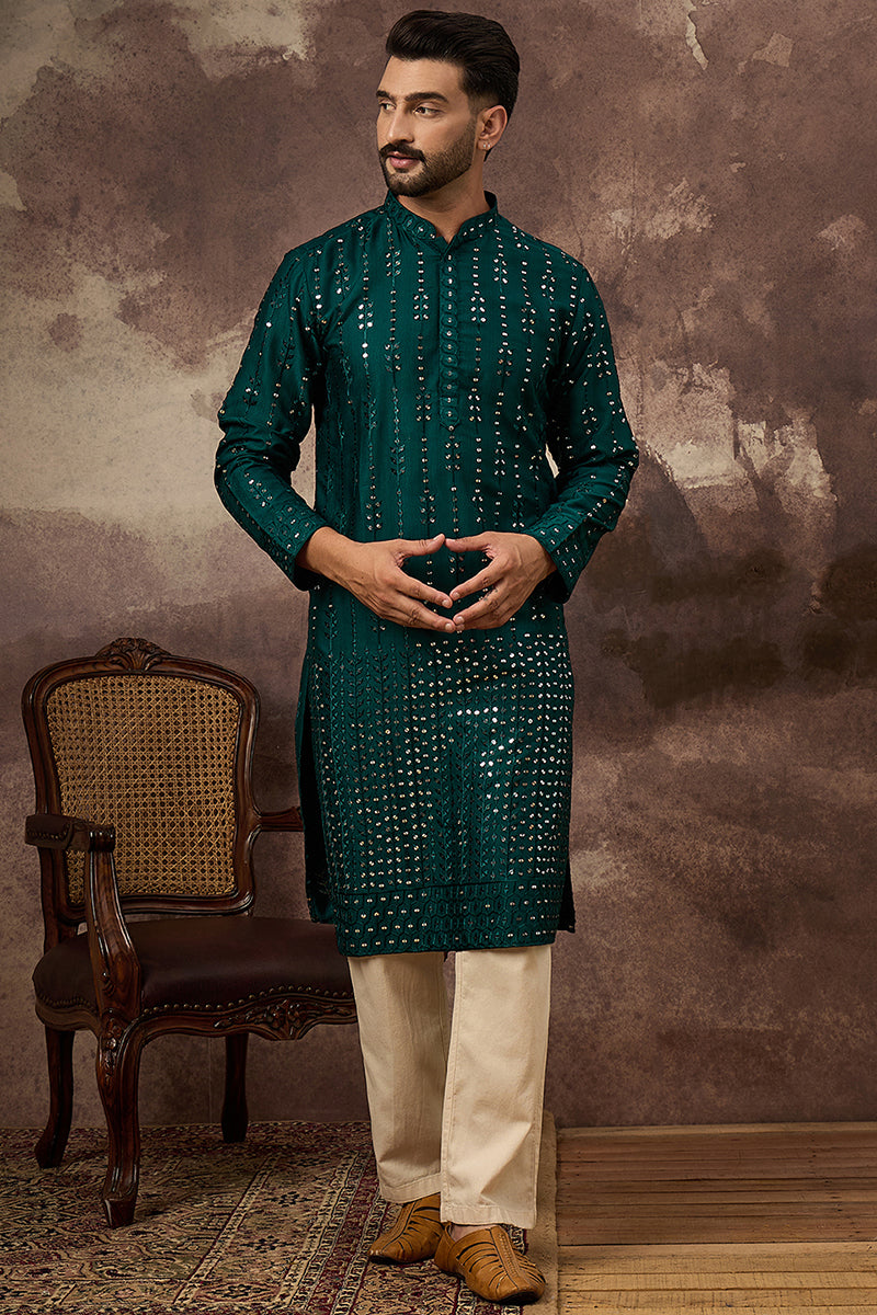 Teal Silk Solid Embroidered Straight Kurta MKU1357