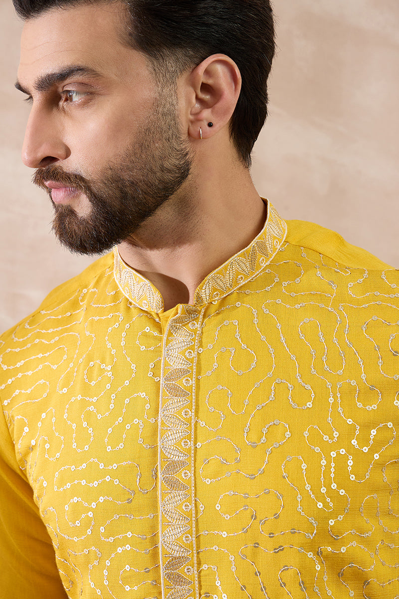 Yellow Silk Blend Embroidered Mandarin Collar Straight Kurta With Trouser MKSET2052