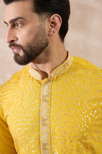 Yellow Silk Blend Embroidered Mandarin Collar Straight Kurta With Trouser MKSET2052
