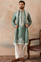 Green Silk Blend Solid Embroidered Kurta With Dupatta MKUD1040