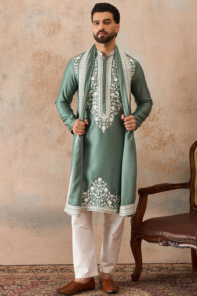 Green Silk Blend Solid Embroidered Kurta With Dupatta MKUD1040