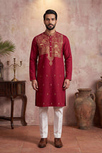 Red Silk Blend Solid Emboidered Straight Kurta With Trouser MKSET2375