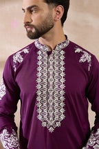 Purple Silk Blend Embroidered Mandarin Collar Straight Kurta With Trouser MKSET2018