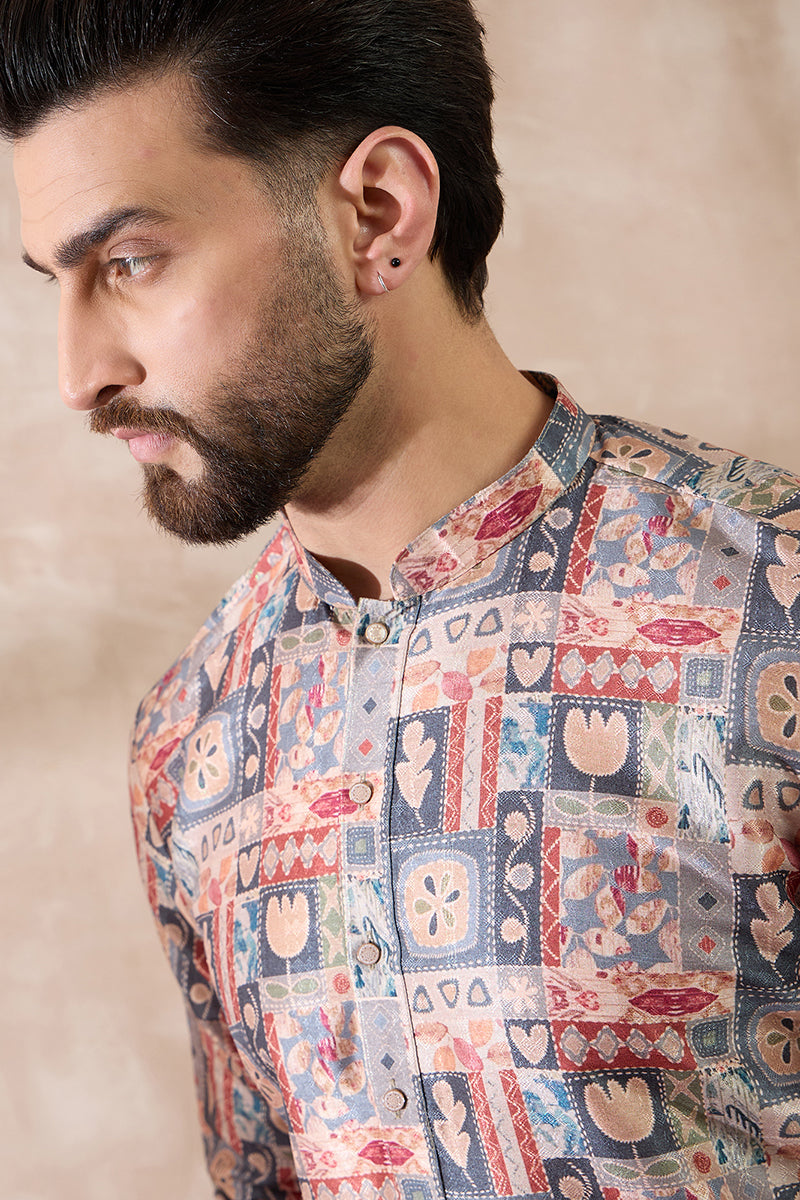 Multi Silk Blend Printed Mandarin Collar Straight Kurta MKU2001