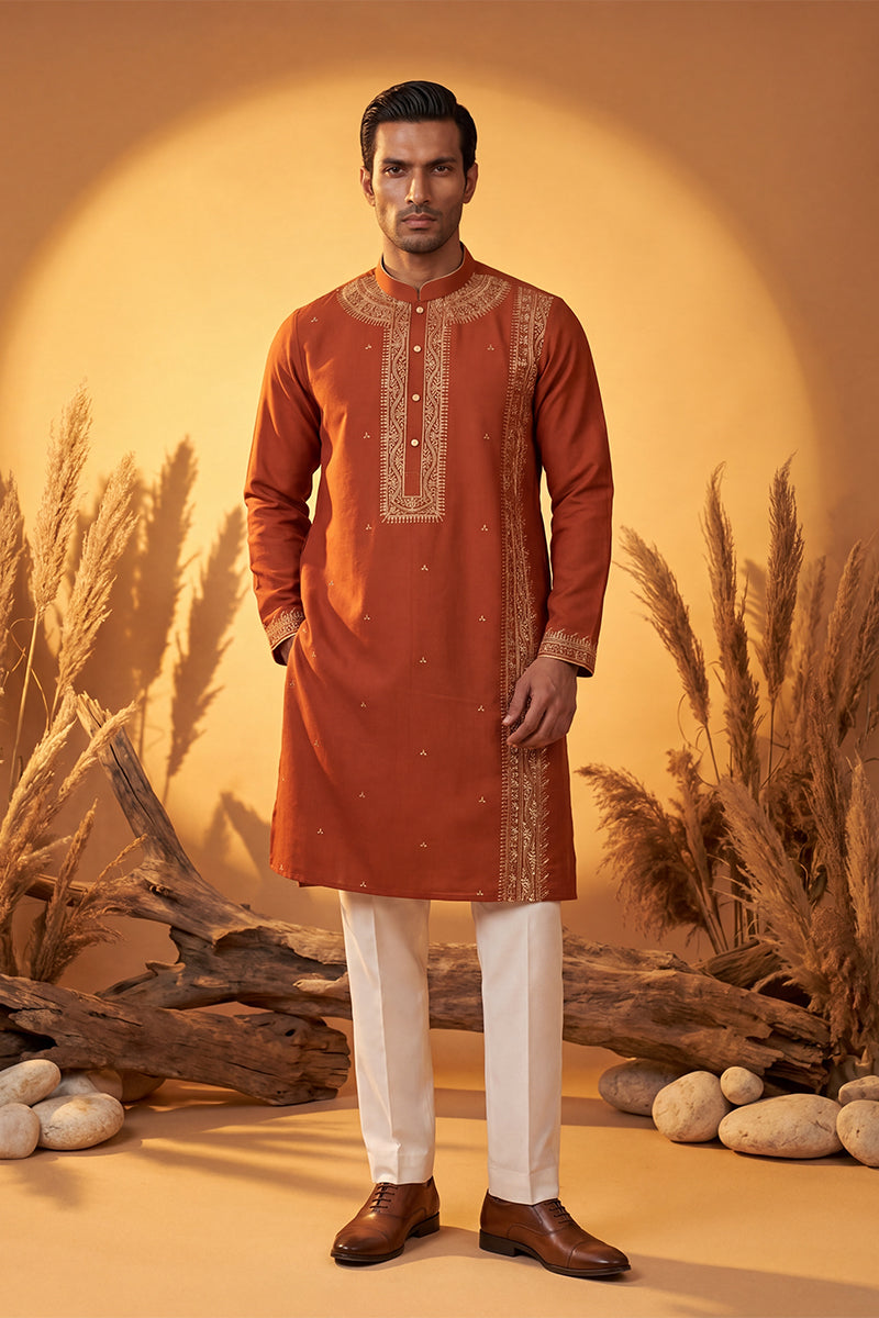 Orange Silk Blend Solid Emboidered Straight Kurta MKU2371
