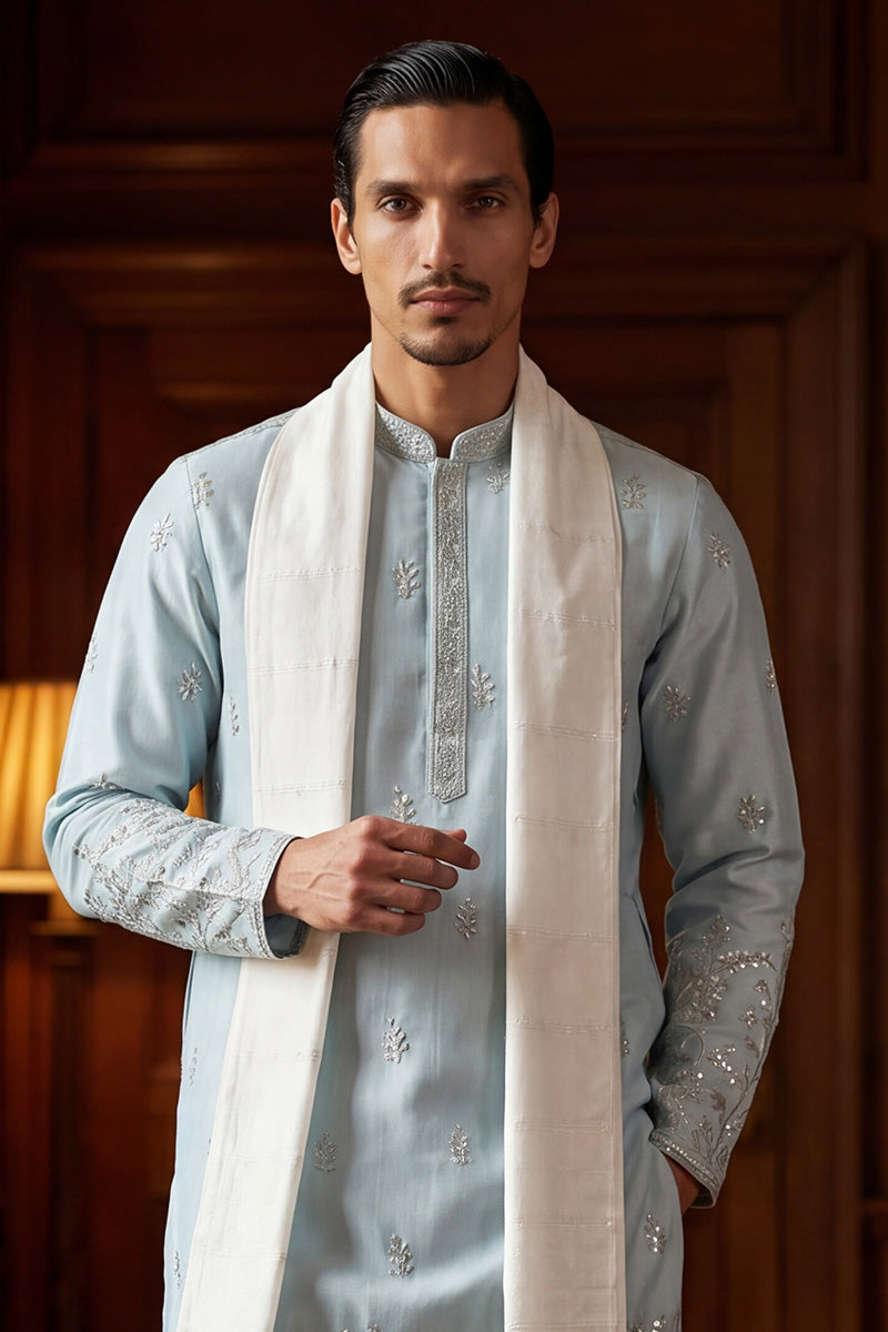 Blue Silk Blend Solid Embroidered Straight Kurta Sets MKUD1785