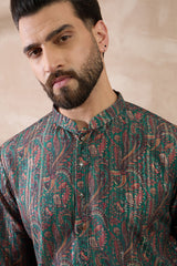 Green Silk Blend Printed Mandarin Collar Straight Kurta MKU2050