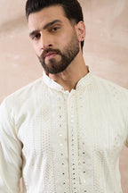 White Silk Blend Embroidered Mandarin Collar Straight Kurta MKU1891