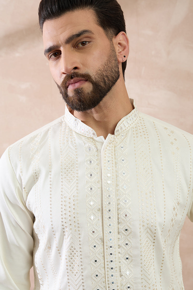 White Silk Blend Embroidered Mandarin Collar Straight Kurta MKU1891