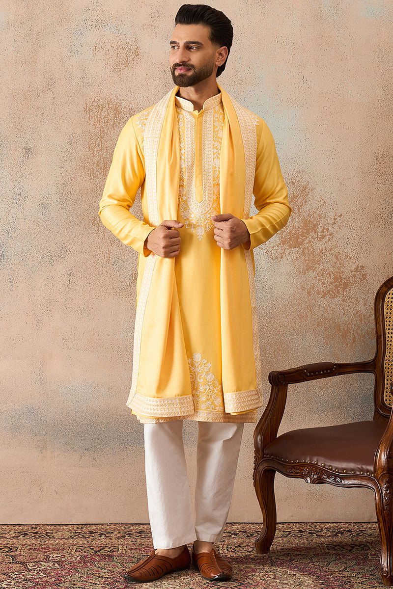 Yellow Silk Blend Woven Design Floral Straight Kurta Sets MKPD1037