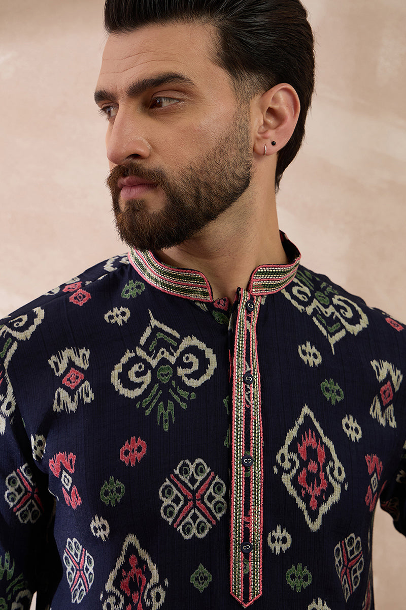 Blue Silk Blend Printed Mandarin Collar Straight Kurta MKU1987