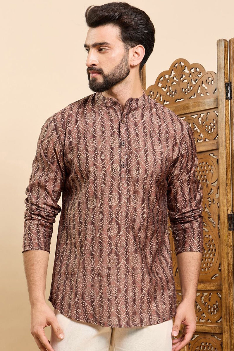 Brown Cotton Geometric Printed Straight Kurta HOPMSKU1008BWN