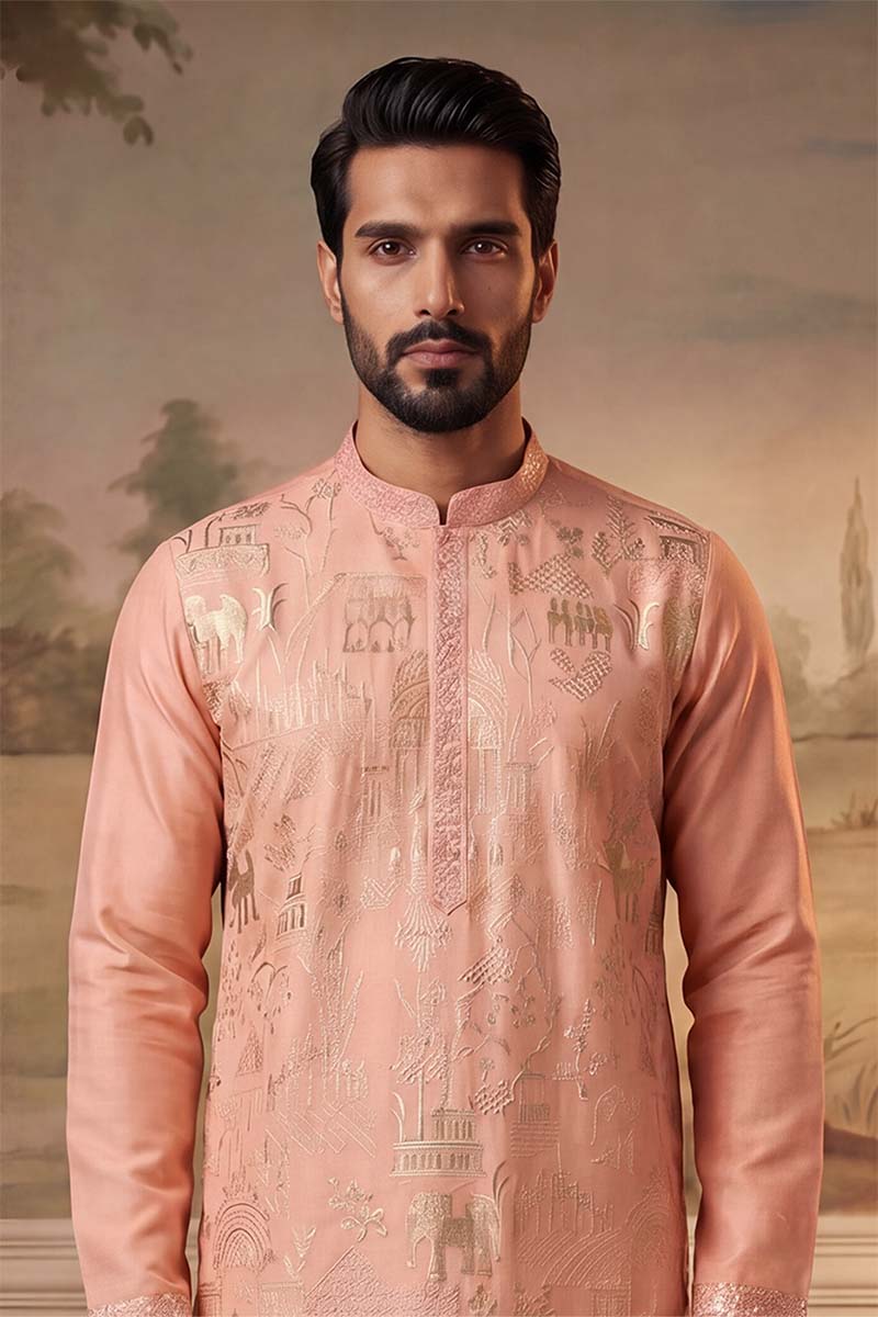 Peach Viscose Rayon Solid Embroidered Kurta MKU2092