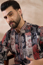 Black Silk Blend Printed Mandarin Collar Straight Kurta With Trouser MKSET1977