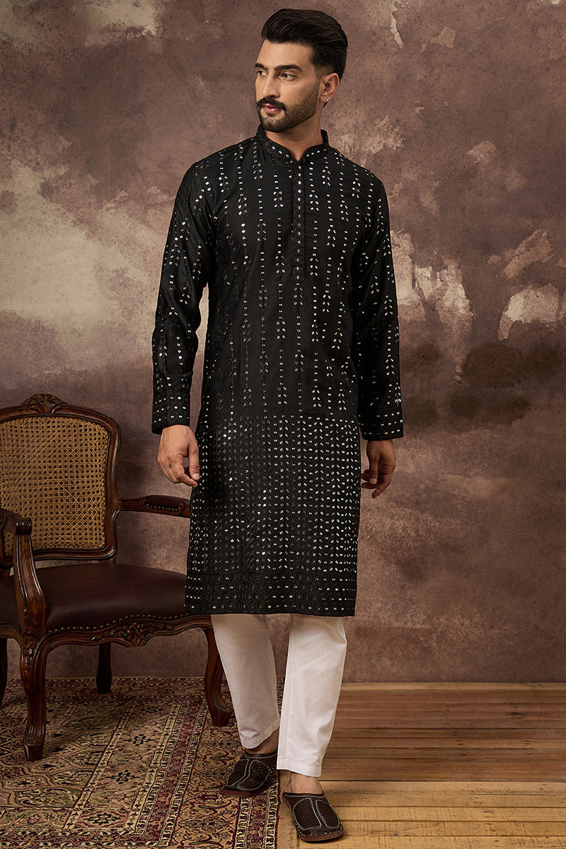 Black Silk Blend Solid Embroidered Straight Kurta MKU1360