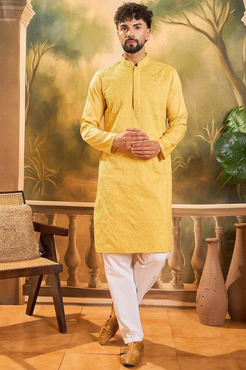 Yellow Silk Blend Solid Embroidered Straight Kurta MKU1498